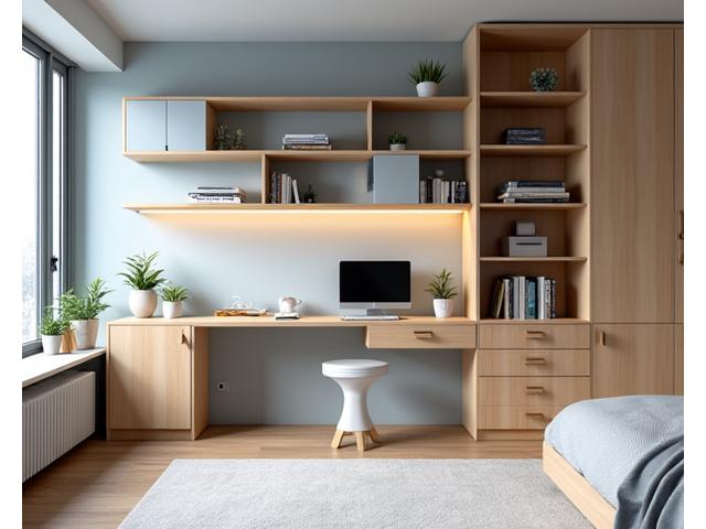 Modern home office built-in desk and shelving unit in an apartment bedroom, featuring integrated lighting and cable management for a clean look.