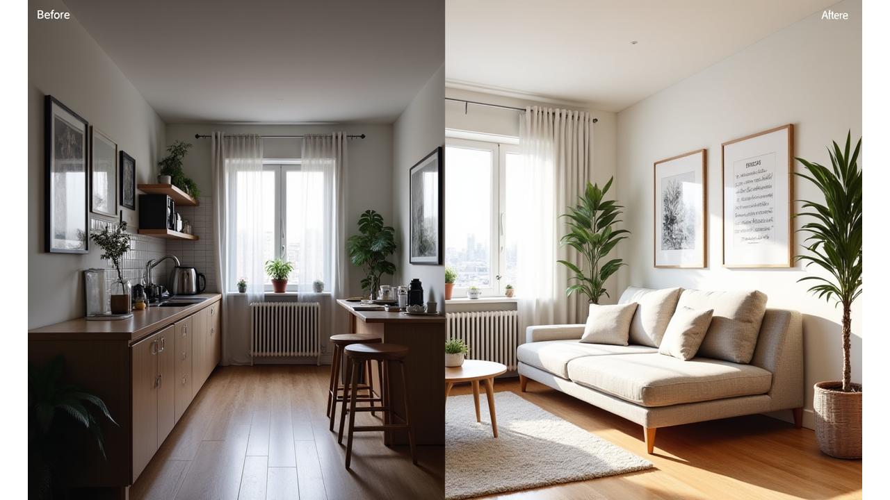 Before and after transformation of a small, cluttered micro-apartment into a bright, organized, and spacious living area with clever design solutions